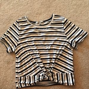 Front Knot Blue, White, and Gray Stripped Crop Top